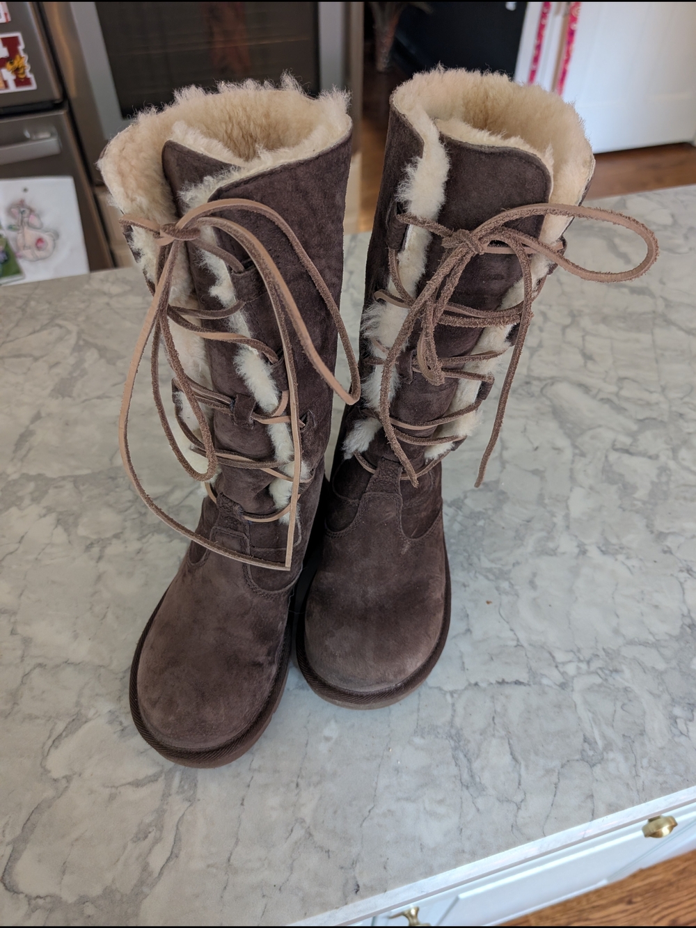 UGG Whitley Tall Brown Suede Lace-Up Shearling Tall Boots, sz 5